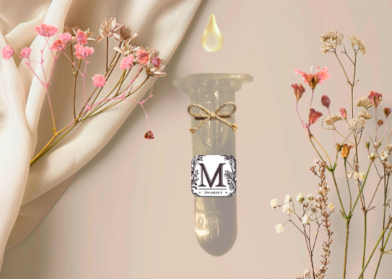 A 2ml fragrance refill vial with the M Unique S label and a rustic twine bow, displayed against a soft cream fabric background with delicate pink dried flowers, with a golden drop of fragrance oil above the vial.